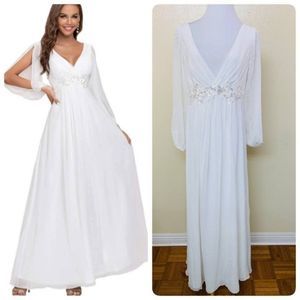 Ever Pretty Long Split Sleeve V-Neck Chiffon MTB Gown Sz 8 White Sequined
